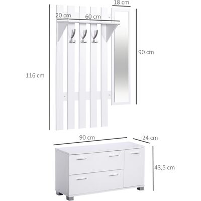 PZCC Set Da Ingresso Con Specchio, Appendiabiti, Scarpiera, 3 Ganci, Mensola E 2 Cassetti, Colore Bianco. PZCC Set Da Ingresso Con Specchio, Appendiabiti, Scarpiera, 3 Ganci, Mensola E 2 Cassetti, Colore Bianco.