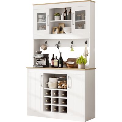 STILVORA Credenza Da Cucina Con 2 Ante In Vetro, Ripiani Aperti, Portabottiglie E Ganci, In Truciolare, 106×39×175 Cm, Bianco E Naturale STILVORA Credenza Da Cucina Con 2 Ante In Vetro, Ripiani Aperti, Portabottiglie E Ganci, In Truciolare, 106×39×175 Cm, Bianco E Naturale