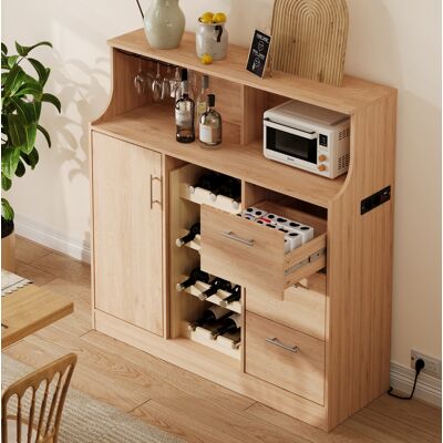 COVREO Credenza Bar 120x40x121 Cm Naturale E Bianco In Mdf Con Portabicchieri, Portabottiglie, Led E Presa Integrata COVREO Credenza Bar 120x40x121 Cm Naturale E Bianco In Mdf Con Portabicchieri, Portabottiglie, Led E Presa Integrata