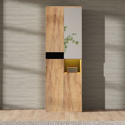 DREAMMESPACE Vetrina Alta Con Specchio - 65x5x190 Cm - 4 Ante E Un Vano Aperto - Finitura In Legno Nero E Naturale DREAMMESPACE Vetrina Alta Con Specchio - 65x5x190 Cm - 4 Ante E Un Vano Aperto - Finitura In Legno Nero E Naturale