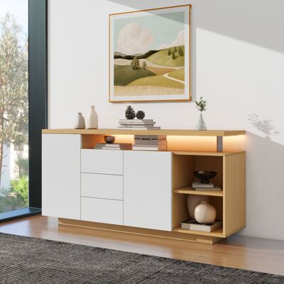 MODENVIE Madia Con 2 Ante, 3 Cassetti E 2 Vani Aperti, Led E Ripiani Regolabili, Per Soggiorno, 140 X 40 X 70 Cm MODENVIE Madia Con 2 Ante, 3 Cassetti E 2 Vani Aperti, Led E Ripiani Regolabili, Per Soggiorno, 140 X 40 X 70 Cm