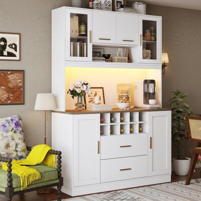 MODENVIE Credenza Da Cucina Con 6 Ante E 2 Cassetti, Portabottiglie, Led E Prese Usb, Mdf, Bianco, 120×36,3×180 Cm MODENVIE Credenza Da Cucina Con 6 Ante E 2 Cassetti, Portabottiglie, Led E Prese Usb, Mdf, Bianco, 120×36,3×180 Cm