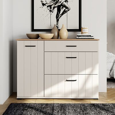 DMORA Credenza Paro, Madia 2 Ripiani, 3 Cassetti, Un'anta, 117x40x86h Cm Bianco Crema DMORA Credenza Paro, Madia 2 Ripiani, 3 Cassetti, Un'anta, 117x40x86h Cm Bianco Crema