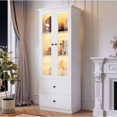 BEAOK Vetrina Mdf E Truciolare Bianco Opaco 60x35,5x165 Cm Con 2 Ante In Vetro, 2 Cassetti, Led Usb E 2 Ripiani Regolabili BEAOK Vetrina Mdf E Truciolare Bianco Opaco 60x35,5x165 Cm Con 2 Ante In Vetro, 2 Cassetti, Led Usb E 2 Ripiani Regolabili