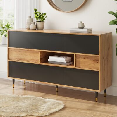 MODFU Vetrina 140x40x84,5 Cm Con 2 Cassetti, Nicchia A Giorno, Ante A Ribalta E Laterali, In Legno Naturale Nero Opaco. MODFU Vetrina 140x40x84,5 Cm Con 2 Cassetti, Nicchia A Giorno, Ante A Ribalta E Laterali, In Legno Naturale Nero Opaco.
