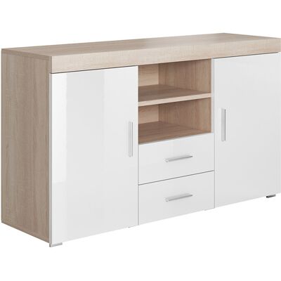MUEBLES BONITOS Credenza 2 Ante E 2 Cassetti Madia Moderna Mobile Sala Da Pranzo 140x80x40cm Modello Roque Sonoma Opaco E Bianco Finitura Lucida MUEBLES BONITOS Credenza 2 Ante E 2 Cassetti Madia Moderna Mobile Sala Da Pranzo 140x80x40cm Modello Roque Sonoma Opaco E Bianco Finitura Lucida