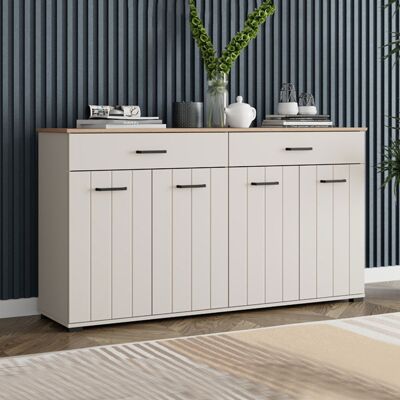 DMORA Credenza Quarna, Madia 3 Ripiani, 2 Cassetti, 4 Ante, 156x40x86h Cm Bianco Crema DMORA Credenza Quarna, Madia 3 Ripiani, 2 Cassetti, 4 Ante, 156x40x86h Cm Bianco Crema