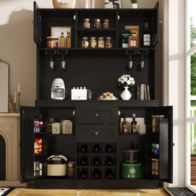 FRIXOVEL Credenza Da Cucina Alta Con Ripiani Regolabili E Portabottiglie, Mobile A 4 Ante Con 2 Cassetti, Arredo Per Cucina/soggiorno, Nero FRIXOVEL Credenza Da Cucina Alta Con Ripiani Regolabili E Portabottiglie, Mobile A 4 Ante Con 2 Cassetti, Arredo Per Cucina/soggiorno, Nero