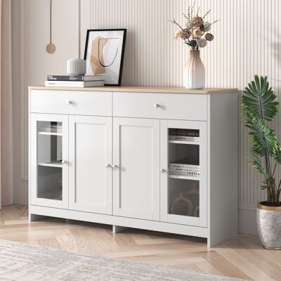 SOLKVUNZA Credenza Dispensa 120 Cm - Stile Country Chic, Vetrina Con 2 Ante In Vetro E 2 Cassetti, Contenimento Ottimizzato Bianco E Legno, Madia Moderna Per Soggiorno E Cucina SOLKVUNZA Credenza Dispensa 120 Cm - Stile Country Chic, Vetrina Con 2 Ante In Vetro E 2 Cassetti, Contenimento Ottimizzato Bianco E Legno, Madia Moderna Per Soggiorno E Cucina