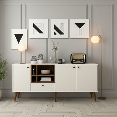 DMORA Credenza Lucertola, Madia 4 Ripiani, Un Cassetto, 3 Ante, 180x35x81h Cm Bianco Crema DMORA Credenza Lucertola, Madia 4 Ripiani, Un Cassetto, 3 Ante, 180x35x81h Cm Bianco Crema