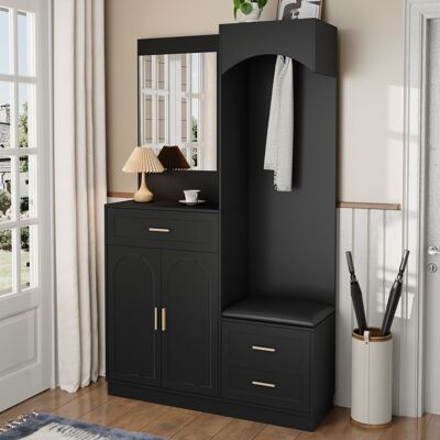 MODENVIE Mobile Da Ingresso Con Specchio, Appendiabiti, Panca Scarpiera, Ripiani Regolabili E Cassetti, Nero, 110 X 33 X 185.5 Cm MODENVIE Mobile Da Ingresso Con Specchio, Appendiabiti, Panca Scarpiera, Ripiani Regolabili E Cassetti, Nero, 110 X 33 X 185.5 Cm