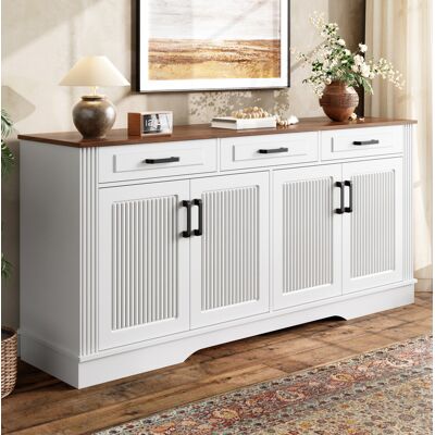 MODFU Vetrina 160x40x75 Cm Con 3 Cassetti E 4 Ante Scanalate, Contenitore Per Soggiorno O Sala Da Pranzo, Mdf - Bianco MODFU Vetrina 160x40x75 Cm Con 3 Cassetti E 4 Ante Scanalate, Contenitore Per Soggiorno O Sala Da Pranzo, Mdf - Bianco