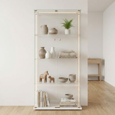 LONELYO Vetrina In Vetro A 4 Ripiani Con 2 Ante, Mobile Espositore Con Striscia Luminosa Led E Serratura, Armadio In Vetro Temperato, 78,5x35x163 Cm, Stile Moderno,bianco LONELYO Vetrina In Vetro A 4 Ripiani Con 2 Ante, Mobile Espositore Con Striscia Luminosa Led E Serratura, Armadio In Vetro Temperato, 78,5x35x163 Cm, Stile Moderno,bianco