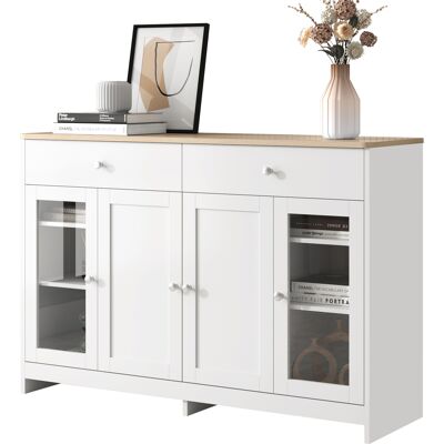 STILVORA Credenza E Madia Con 4 Ante Di Cui 1 In Vetro, 2 Cassetti E Ripiani Regolabili, Stile Country, In Mdf, 120×37×80 Cm, Bianco STILVORA Credenza E Madia Con 4 Ante Di Cui 1 In Vetro, 2 Cassetti E Ripiani Regolabili, Stile Country, In Mdf, 120×37×80 Cm, Bianco