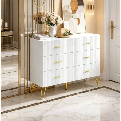 BEAOK Comò In Truciolare Bianco E Oro, 6 Cassetti, Frontali Rigati, 100 X 40 X 75 Cm BEAOK Comò In Truciolare Bianco E Oro, 6 Cassetti, Frontali Rigati, 100 X 40 X 75 Cm