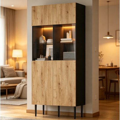 COVREO Vetrina 80x35x180 Cm Nera E Naturale In Mdf Con Vetro Temperato, Led, 2 Ante E 10 Vani COVREO Vetrina 80x35x180 Cm Nera E Naturale In Mdf Con Vetro Temperato, Led, 2 Ante E 10 Vani