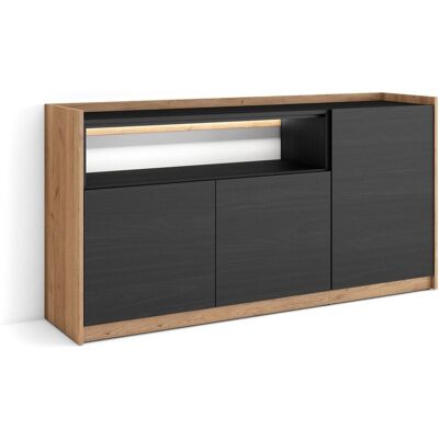 SKRAUT HOME - Credenza, Mobile, Cucina, Madia, Mobile Ingresso, 156x37x80cm, 3 Porte, Led, Stile Moderno, Nero E Rovere SKRAUT HOME - Credenza, Mobile, Cucina, Madia, Mobile Ingresso, 156x37x80cm, 3 Porte, Led, Stile Moderno, Nero E Rovere