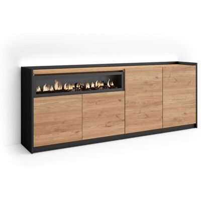 SKRAUT HOME - Credenza, Mobile, Cucina, Madia, Mobile Ingresso, 207x37x80cm, 4 Porte, Camino Elettrico, Led, Stile Moderno, Rovere E Nero SKRAUT HOME - Credenza, Mobile, Cucina, Madia, Mobile Ingresso, 207x37x80cm, 4 Porte, Camino Elettrico, Led, Stile Moderno, Rovere E Nero