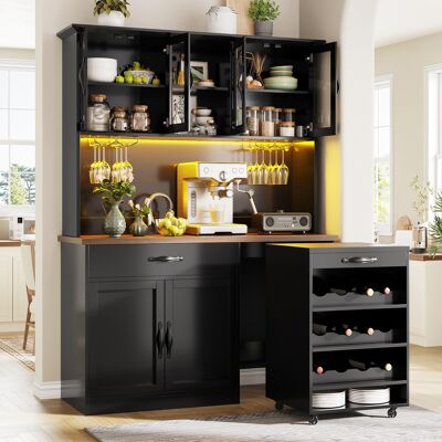 MODFU Credenza Da Cucina 140x38x180 Cm Con Carrello Estraibile, Led Usb Dimmerabile, Portabottiglie, Mdf Nero MODFU Credenza Da Cucina 140x38x180 Cm Con Carrello Estraibile, Led Usb Dimmerabile, Portabottiglie, Mdf Nero