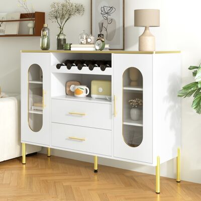 SOLKVUNZA Madia Bianca E Oro 120 Cm - Grande Mobile Contenitore Con Portabottiglie Integrato, 2 Cassetti E 2 Ante Vetrate Ovali SOLKVUNZA Madia Bianca E Oro 120 Cm - Grande Mobile Contenitore Con Portabottiglie Integrato, 2 Cassetti E 2 Ante Vetrate Ovali
