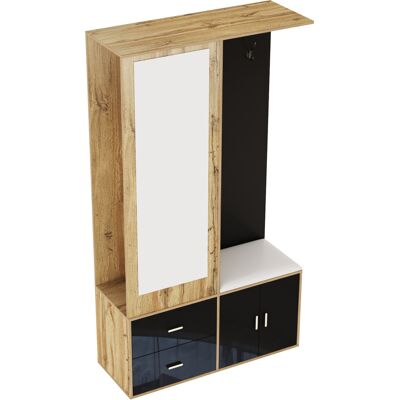 STILVORA Mobile Ingresso Con Specchio, Panca Scarpiera, 2 Ganci, Appendiabiti Estraibile, Lucido, Nero E Naturale, 100×38×180 Cm STILVORA Mobile Ingresso Con Specchio, Panca Scarpiera, 2 Ganci, Appendiabiti Estraibile, Lucido, Nero E Naturale, 100×38×180 Cm