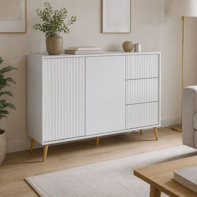 DMORA Credenza Lemosato, Madia 3 Cassetti, Un Ripiano, Apertura Battente, Scorrevole, 135x40x98h Cm Bianco DMORA Credenza Lemosato, Madia 3 Cassetti, Un Ripiano, Apertura Battente, Scorrevole, 135x40x98h Cm Bianco