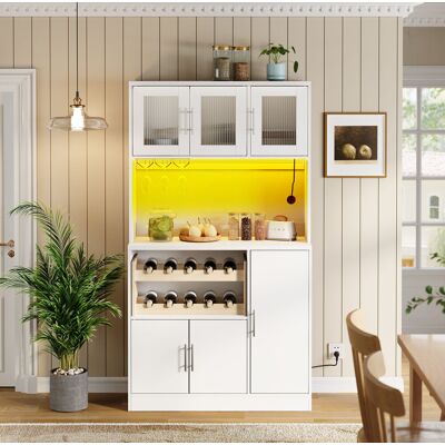 BEAOK Credenza Da Cucina In Mdf Bianco Con Led Rgb, Presa 2 Porte E Usb, Portabicchieri E Portabottiglie, 100x40x180 Cm BEAOK Credenza Da Cucina In Mdf Bianco Con Led Rgb, Presa 2 Porte E Usb, Portabicchieri E Portabottiglie, 100x40x180 Cm