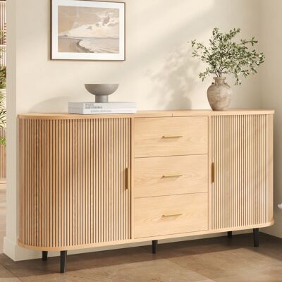 SOLKVUNZA Credenza 160x40x80.5 Cm Mobile Buffet Da Soggiorno Con Ante Scorrevoli E 3 Cassetti In Mdf Stile Moderno Cannettato - Naturale SOLKVUNZA Credenza 160x40x80.5 Cm Mobile Buffet Da Soggiorno Con Ante Scorrevoli E 3 Cassetti In Mdf Stile Moderno Cannettato - Naturale