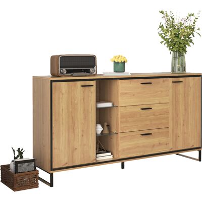 STILVORA Credenza Con 3 Cassetti E Vani, Led 16 Colori, Stile Moderno, In Pannello Truciolare, Naturale, 160×40×85 Cm STILVORA Credenza Con 3 Cassetti E Vani, Led 16 Colori, Stile Moderno, In Pannello Truciolare, Naturale, 160×40×85 Cm