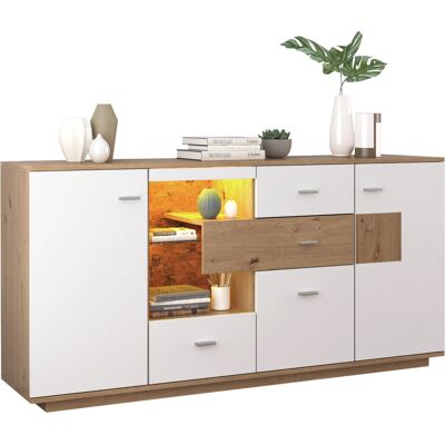 STILVORA Credenza E Madia Con 2 Ante, 4 Cassetti E Ripiano In Vetro, Led 16 Colori, In Mdf, Bianco E Naturale, 160×40×77 Cm STILVORA Credenza E Madia Con 2 Ante, 4 Cassetti E Ripiano In Vetro, Led 16 Colori, In Mdf, Bianco E Naturale, 160×40×77 Cm