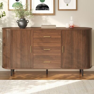SOLKVUNZA Credenza Madia 160x40x80.5cm Mobile Soggiorno Con 3 Cassetti E 2 Ante Scorrevoli Design Arrotondato Scanalato In Mdf E Metallo Mobiletto Per Ingresso Cucina Noce SOLKVUNZA Credenza Madia 160x40x80.5cm Mobile Soggiorno Con 3 Cassetti E 2 Ante Scorrevoli Design Arrotondato Scanalato In Mdf E Metallo Mobiletto Per Ingresso Cucina Noce