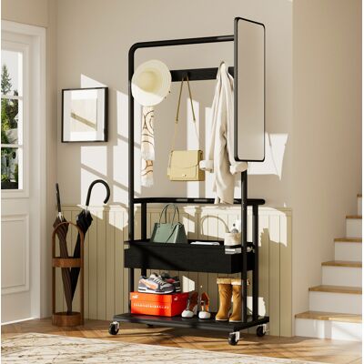 COVREO Appendiabiti 70x40x170 Cm Nero In Acciaio E Pannello Truciolare Con Ruote, Specchio Laterale E Cesto Portaoggetti COVREO Appendiabiti 70x40x170 Cm Nero In Acciaio E Pannello Truciolare Con Ruote, Specchio Laterale E Cesto Portaoggetti