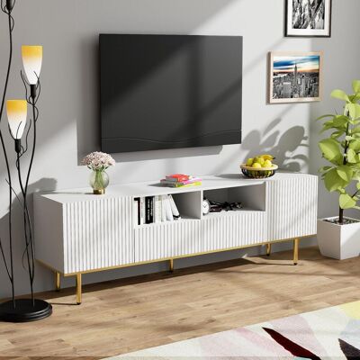 SOLKVUNZA Mobile Tv Madia Bianco E Oro 165 Cm - Panca Da Soggiorno Moderna Con 2 Ante A Listelli, 2 Cassetti E Piedini Dorati Eleganti SOLKVUNZA Mobile Tv Madia Bianco E Oro 165 Cm - Panca Da Soggiorno Moderna Con 2 Ante A Listelli, 2 Cassetti E Piedini Dorati Eleganti