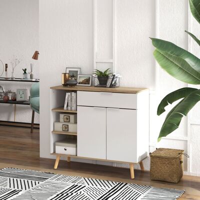 PZCC Mobile Multiuso Salvaspazio Con 3 Ripiani Aperti, Armadietto E Cassetto, Credenza Moderna In Truciolato E Legno Di Pino, 95x35x85 Cm, Bianco E Color Legno PZCC Mobile Multiuso Salvaspazio Con 3 Ripiani Aperti, Armadietto E Cassetto, Credenza Moderna In Truciolato E Legno Di Pino, 95x35x85 Cm, Bianco E Color Legno