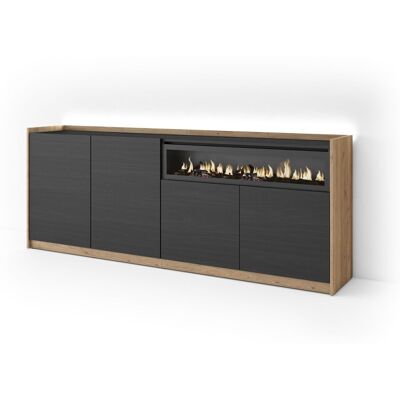 SKRAUT HOME - Credenza, Mobile, Cucina, Madia, Mobile Ingresso, 207x37x80cm, 4 Porte, Camino Elettrico, Led, Stile Moderno, Nero E Rovere SKRAUT HOME - Credenza, Mobile, Cucina, Madia, Mobile Ingresso, 207x37x80cm, 4 Porte, Camino Elettrico, Led, Stile Moderno, Nero E Rovere