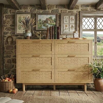 DANS LES NUAGES Credenza In Legno Massello Con 5 Cassetti In Rattan, Mobile Contenitore In Stile Bohémien E Rustico Per Soggiorno E Sala Da Pranzo, 115x40x80 Cm - Naturale DANS LES NUAGES Credenza In Legno Massello Con 5 Cassetti In Rattan, Mobile Contenitore In Stile Bohémien E Rustico Per Soggiorno E Sala Da Pranzo, 115x40x80 Cm - Naturale
