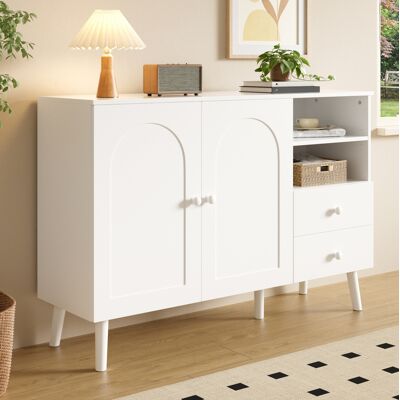 MODFU Vetrina 118x35x82 Cm Con 2 Ante Ad Arco, 2 Cassetti E Ripiani A Giorno, In Mdf, Con Gambe E Maniglie In Legno - Bianca MODFU Vetrina 118x35x82 Cm Con 2 Ante Ad Arco, 2 Cassetti E Ripiani A Giorno, In Mdf, Con Gambe E Maniglie In Legno - Bianca