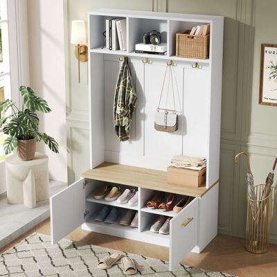 MODENVIE Mobile Da Ingresso Con 2 Ante, Panca, 4 Ganci E Vani Aperti, Mdf, Naturale E Bianco, 105 X 40 X 180 Cm MODENVIE Mobile Da Ingresso Con 2 Ante, Panca, 4 Ganci E Vani Aperti, Mdf, Naturale E Bianco, 105 X 40 X 180 Cm