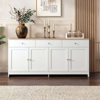 EIFSON Credenza Mobile Buffet Bianco Effetto Legno 160x37x75 Cm, Con 4 Ante E 3 Cassetti, Per Soggiorno E Sala Da Pranzo EIFSON Credenza Mobile Buffet Bianco Effetto Legno 160x37x75 Cm, Con 4 Ante E 3 Cassetti, Per Soggiorno E Sala Da Pranzo