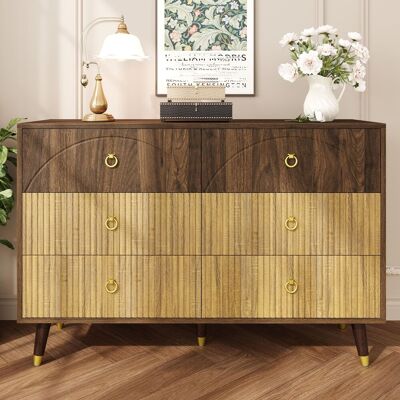 SOLKVUNZA Cassettiera 120 X 40 X 81 Cm Con 6 Cassetti, Credenza Bassa Dal Design Vintage In Legno Bicolore Con Maniglie Ad Anello Dorate, Mobile Contenitore Per Soggiorno E Camera, Naturale SOLKVUNZA Cassettiera 120 X 40 X 81 Cm Con 6 Cassetti, Credenza Bassa Dal Design Vintage In Legno Bicolore Con Maniglie Ad Anello Dorate, Mobile Contenitore Per Soggiorno E Camera, Naturale