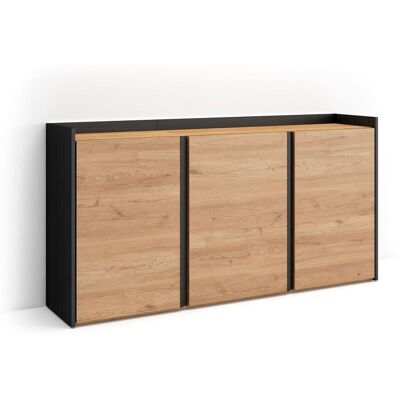 SKRAUT HOME - Credenza, Mobile, Cucina, Madia, Mobile Ingresso, 156x35x80cm, 3 Porte, Led, Stile Moderno, Rovere E Nero SKRAUT HOME - Credenza, Mobile, Cucina, Madia, Mobile Ingresso, 156x35x80cm, 3 Porte, Led, Stile Moderno, Rovere E Nero