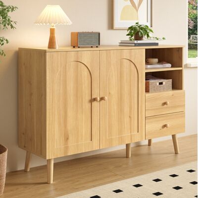 MODFU Vetrina 118x35x82 Cm Con 2 Ante Ad Arco, 2 Cassetti E Ripiani A Giorno, In Mdf, Con Gambe E Maniglie In Legno Naturale. MODFU Vetrina 118x35x82 Cm Con 2 Ante Ad Arco, 2 Cassetti E Ripiani A Giorno, In Mdf, Con Gambe E Maniglie In Legno Naturale.