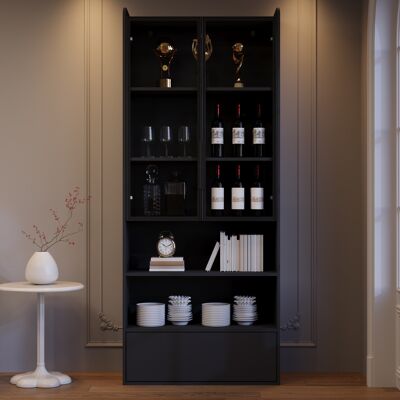 COVREO Vetrina 80x34x180 Cm Nera In Mdf E Vetro Con Led, 1 Cassetto E 6 Livelli COVREO Vetrina 80x34x180 Cm Nera In Mdf E Vetro Con Led, 1 Cassetto E 6 Livelli