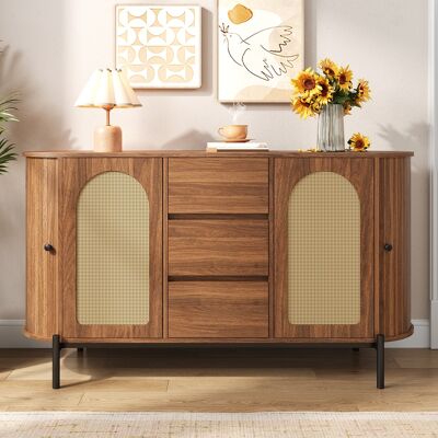 SOLKVUNZA Madia Ovale In Rattan E Legno Effetto Noce – Mobile Contenitore Con Ante Scorrevoli E 3 Cassetti – Gambe In Metallo – 140 X 38 X 77,5 Cm – Stile Scandinavo SOLKVUNZA Madia Ovale In Rattan E Legno Effetto Noce – Mobile Contenitore Con Ante Scorrevoli E 3 Cassetti – Gambe In Metallo – 140 X 38 X 77,5 Cm – Stile Scandinavo