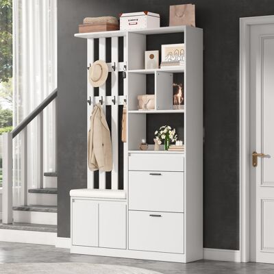 MODFU Appendiabiti Da Ingresso 120x30x200 Cm Con Panca Imbottita, 2 Ante Per Scarpe, 1 Cassetto, Mdf Bianco MODFU Appendiabiti Da Ingresso 120x30x200 Cm Con Panca Imbottita, 2 Ante Per Scarpe, 1 Cassetto, Mdf Bianco
