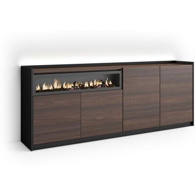 SKRAUT HOME - Credenza, Mobile, Cucina, Madia, Mobile Ingresso, 207x37x80cm, 4 Porte, Camino Elettrico, Led, Stile Moderno, Rovere Scuro E Nero SKRAUT HOME - Credenza, Mobile, Cucina, Madia, Mobile Ingresso, 207x37x80cm, 4 Porte, Camino Elettrico, Led, Stile Moderno, Rovere Scuro E Nero
