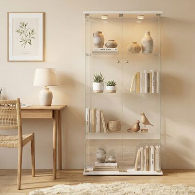 LONELYO Vetrina In Vetro A 4 Ripiani Con 2 Ante, Mobile Espositore Con Illuminazione Led E Serratura, Armadio In Vetro Temperato, 78,5x35x163 Cm, Stile Moderno, Bianco LONELYO Vetrina In Vetro A 4 Ripiani Con 2 Ante, Mobile Espositore Con Illuminazione Led E Serratura, Armadio In Vetro Temperato, 78,5x35x163 Cm, Stile Moderno, Bianco