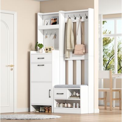 COVREO Appendiabiti Da Ingresso 110x35x175.5 Cm Bianco In Truciolato Con Panca, Scarpiera, 2 Cassetti E 7 Ganci COVREO Appendiabiti Da Ingresso 110x35x175.5 Cm Bianco In Truciolato Con Panca, Scarpiera, 2 Cassetti E 7 Ganci