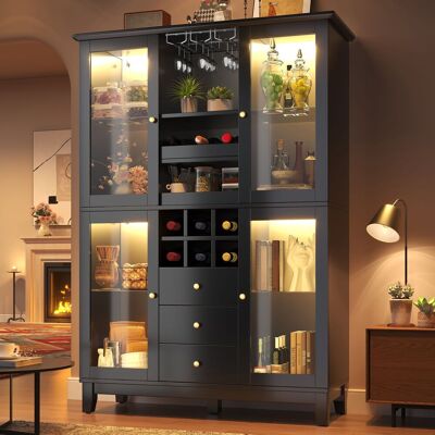 MODFU Mobile Portabottiglie 120x40x180,5 Cm Con Illuminazione A Led Rgb, 3 Cassetti E Portabicchieri, Spazio Regolabile, In Mdf Nero. MODFU Mobile Portabottiglie 120x40x180,5 Cm Con Illuminazione A Led Rgb, 3 Cassetti E Portabicchieri, Spazio Regolabile, In Mdf Nero.