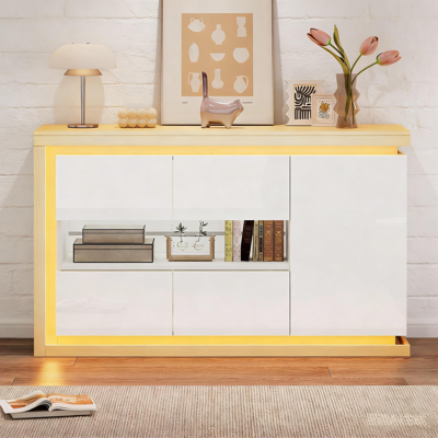 OKWISH Credenze E Buffet Con Led, 3 Ante E 4 Scomparti, In Bianco E Legno Naturale, 140x40x84 Cm OKWISH Credenze E Buffet Con Led, 3 Ante E 4 Scomparti, In Bianco E Legno Naturale, 140x40x84 Cm